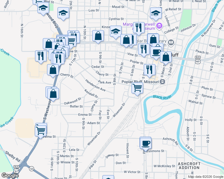 map of restaurants, bars, coffee shops, grocery stores, and more near 701 South 8th Street in Poplar Bluff
