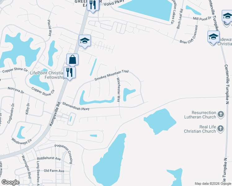 map of restaurants, bars, coffee shops, grocery stores, and more near 1017 Winchester Way in Chesapeake