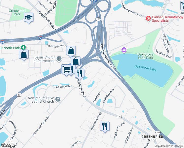 map of restaurants, bars, coffee shops, grocery stores, and more near 715 Hunters Quay in Chesapeake