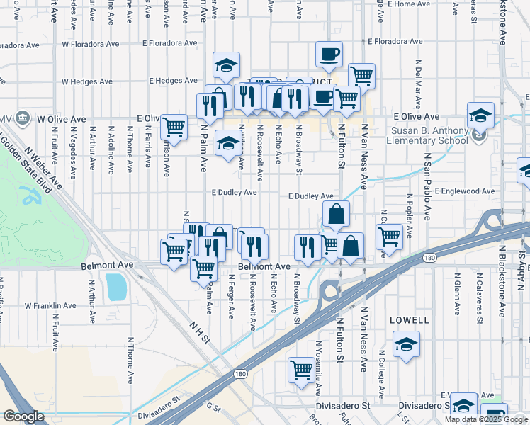 map of restaurants, bars, coffee shops, grocery stores, and more near 750 North Roosevelt Avenue in Fresno