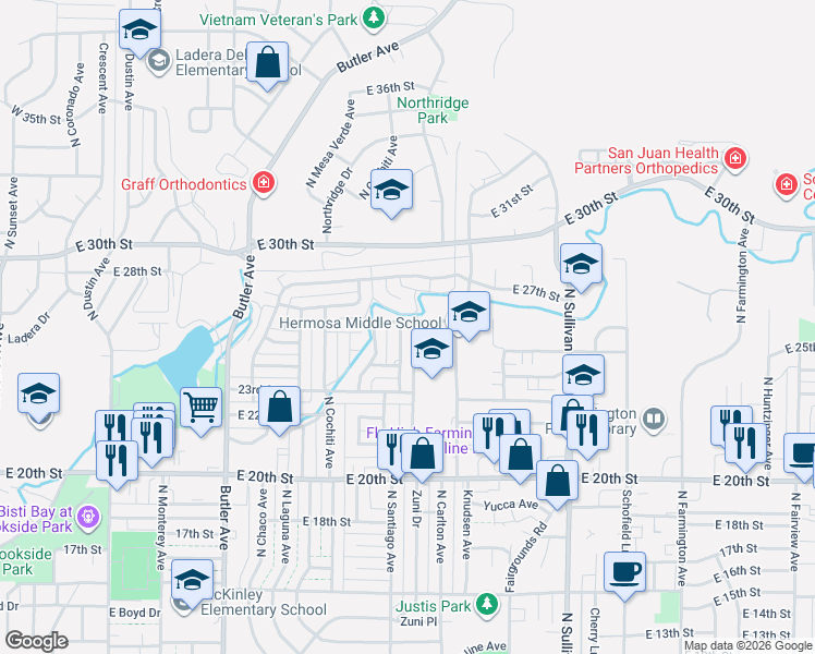 map of restaurants, bars, coffee shops, grocery stores, and more near 2420 North Santiago Avenue in Farmington