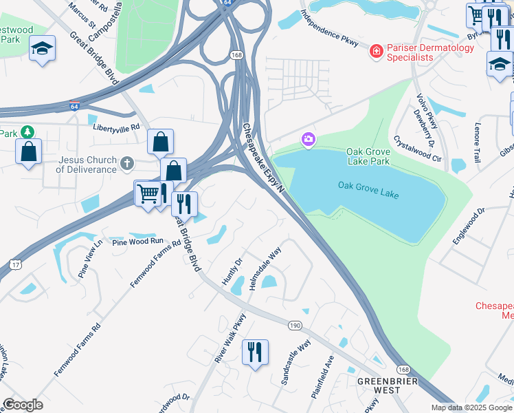 map of restaurants, bars, coffee shops, grocery stores, and more near 1037 Wickford Court in Chesapeake
