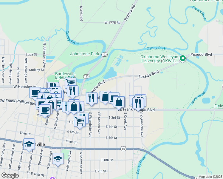 map of restaurants, bars, coffee shops, grocery stores, and more near 130 North Choctaw Avenue in Bartlesville