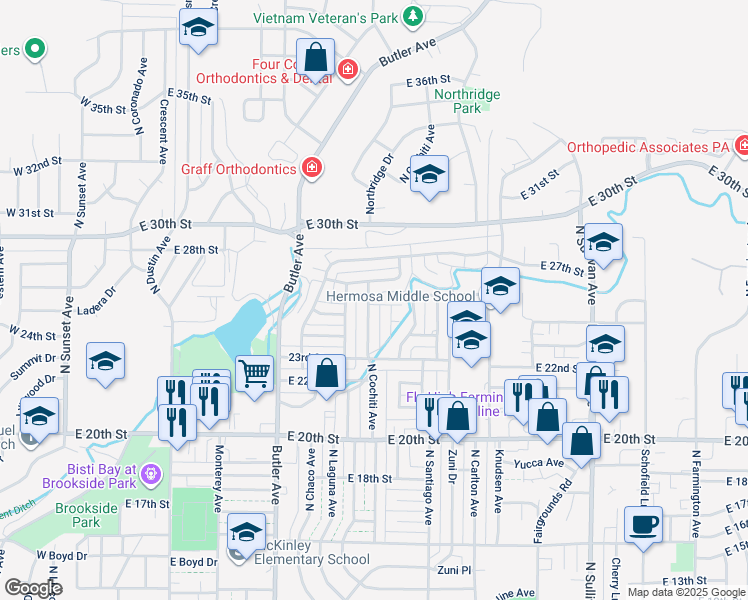 map of restaurants, bars, coffee shops, grocery stores, and more near 1000 East 25th Street in Farmington