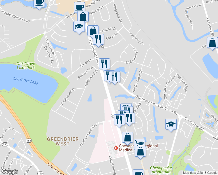 map of restaurants, bars, coffee shops, grocery stores, and more near 927 Boyle Court in Chesapeake