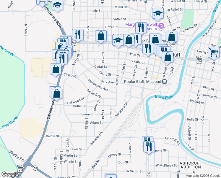 map of restaurants, bars, coffee shops, grocery stores, and more near 701 South 8th Street in Poplar Bluff