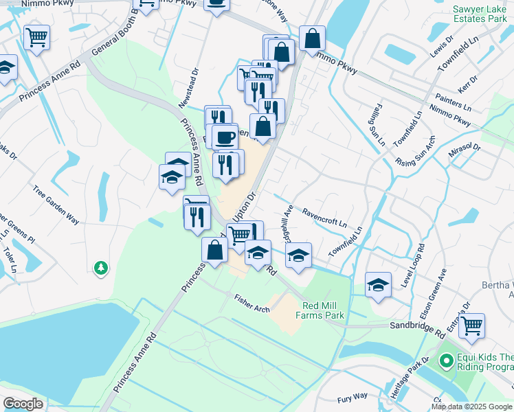 map of restaurants, bars, coffee shops, grocery stores, and more near 2012 Norrington Court in Virginia Beach