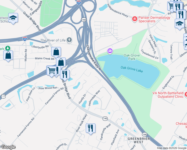 map of restaurants, bars, coffee shops, grocery stores, and more near 1037 Wickford Court in Chesapeake