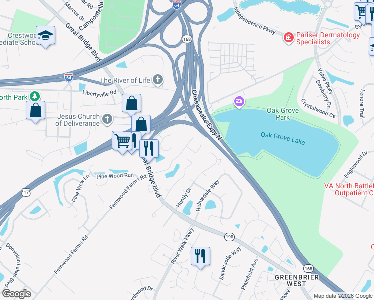 map of restaurants, bars, coffee shops, grocery stores, and more near 1001 Wickford Court in Chesapeake