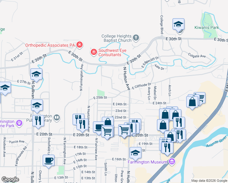 map of restaurants, bars, coffee shops, grocery stores, and more near 2601 Rio Vista Way in Farmington