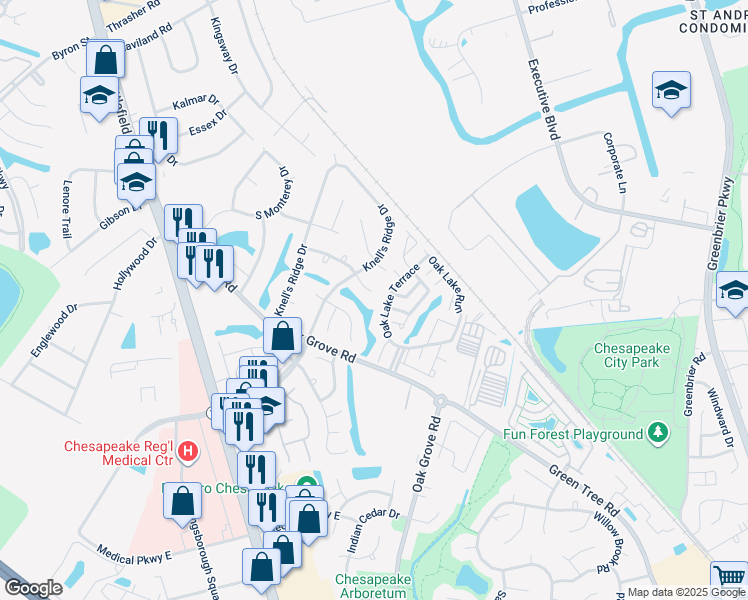 map of restaurants, bars, coffee shops, grocery stores, and more near 901 Mathews Court in Chesapeake