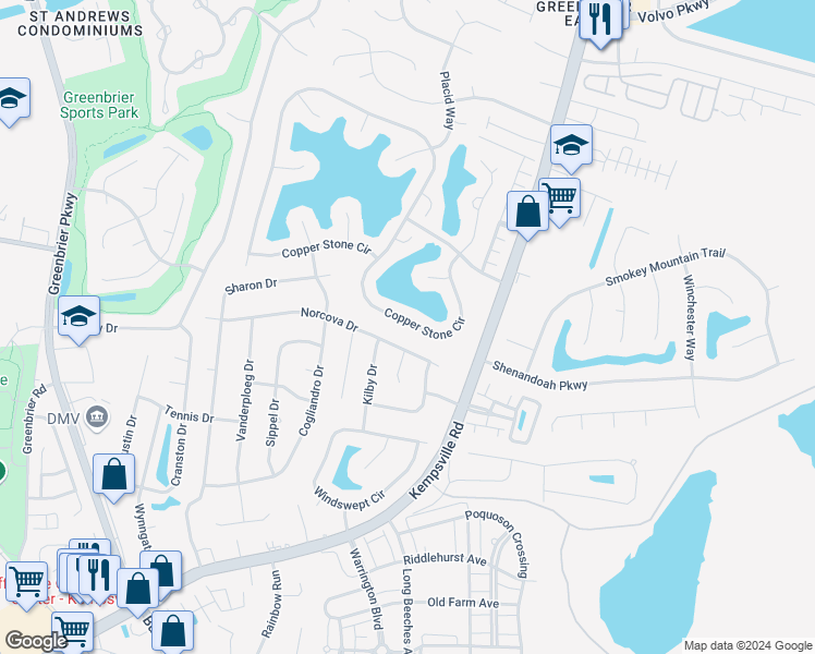 map of restaurants, bars, coffee shops, grocery stores, and more near 1305 Copper Stone Circle in Chesapeake