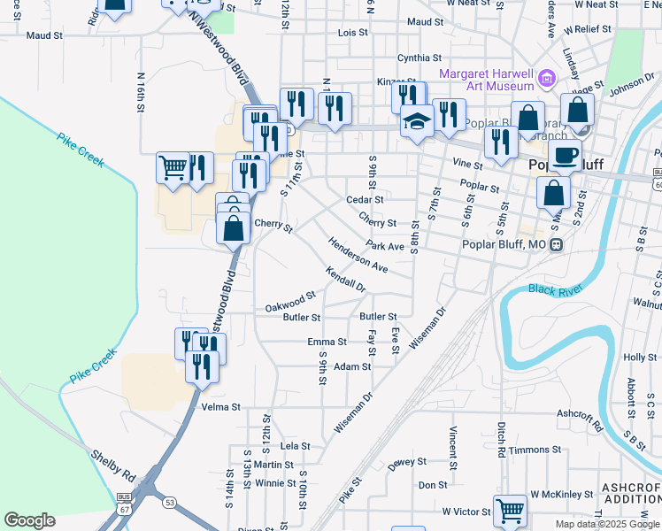map of restaurants, bars, coffee shops, grocery stores, and more near 905 Kendall Drive in Poplar Bluff