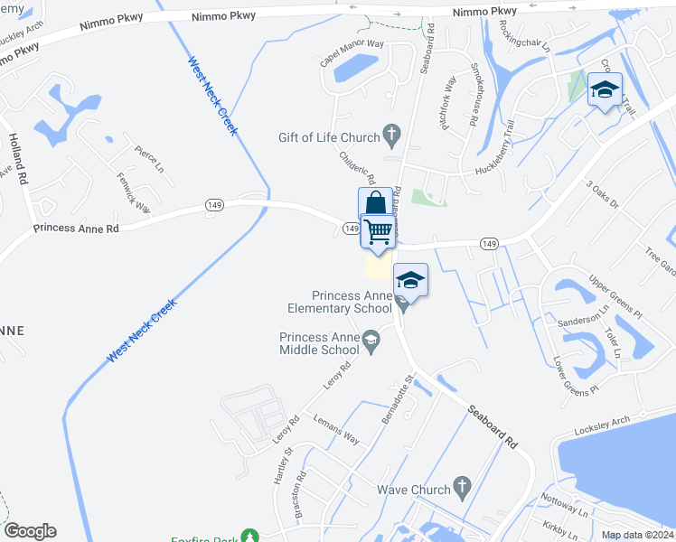 map of restaurants, bars, coffee shops, grocery stores, and more near 2317 Princess Anne Road in Virginia Beach