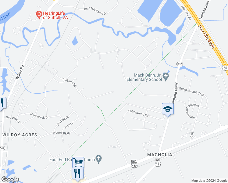 map of restaurants, bars, coffee shops, grocery stores, and more near 250 Prospect Road in Suffolk