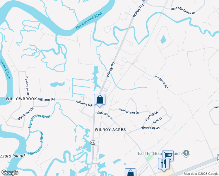 map of restaurants, bars, coffee shops, grocery stores, and more near 1235 Larry Anne Drive in Suffolk