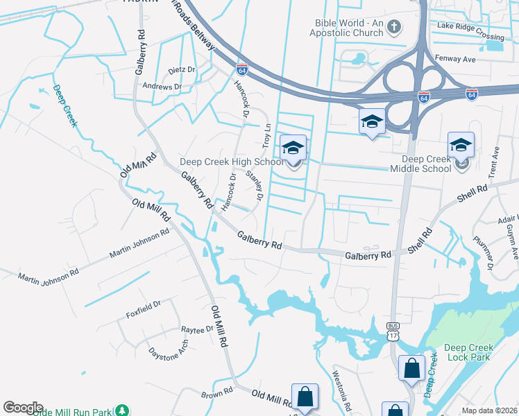 map of restaurants, bars, coffee shops, grocery stores, and more near 3715 Stanley Drive in Chesapeake