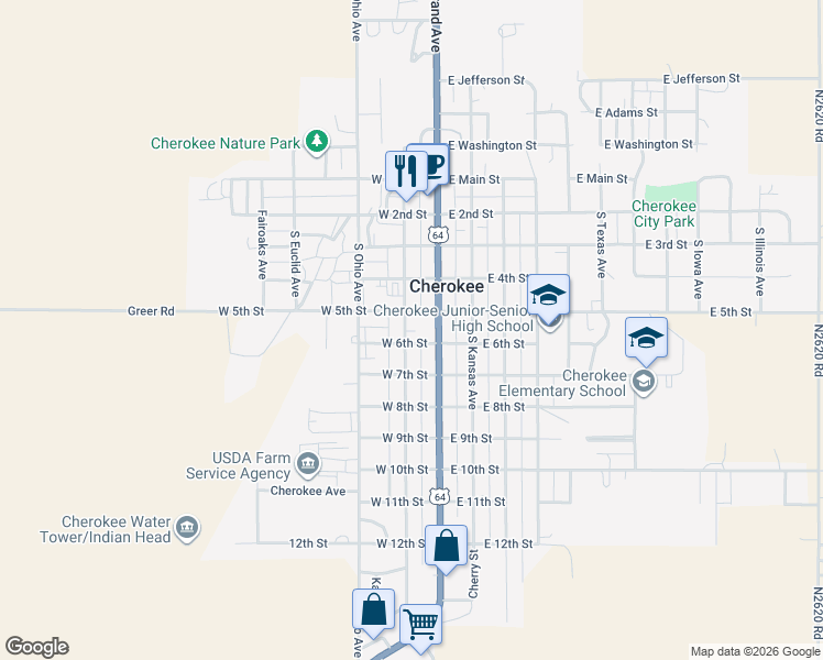 map of restaurants, bars, coffee shops, grocery stores, and more near 514 South Oklahoma Avenue in Cherokee