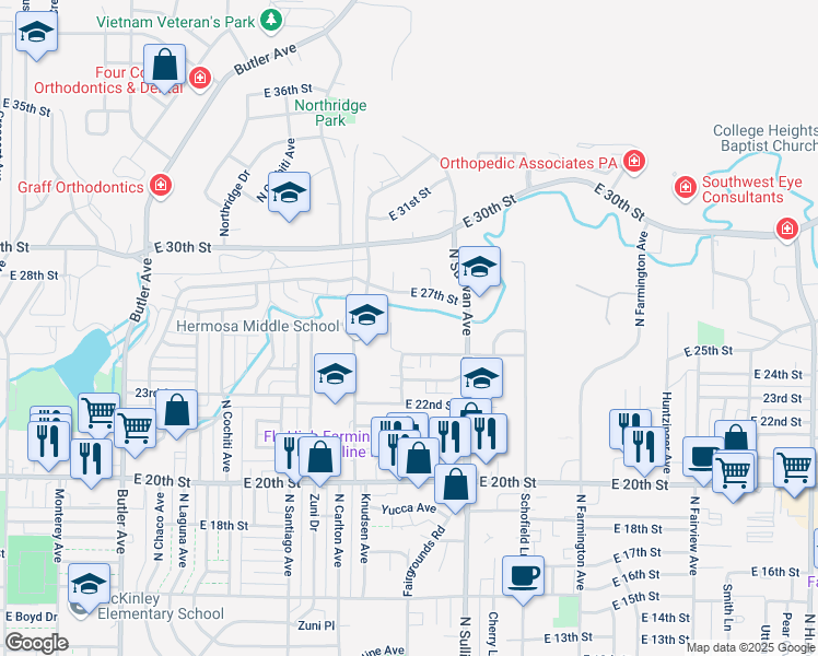 map of restaurants, bars, coffee shops, grocery stores, and more near 1600 Cliffside Drive in Farmington