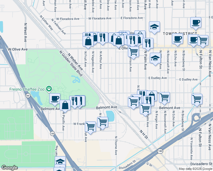 map of restaurants, bars, coffee shops, grocery stores, and more near 742 North Adoline Avenue in Fresno