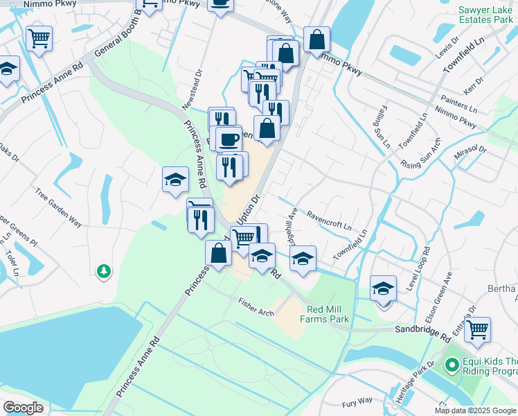 map of restaurants, bars, coffee shops, grocery stores, and more near 2012 Norrington Court in Virginia Beach