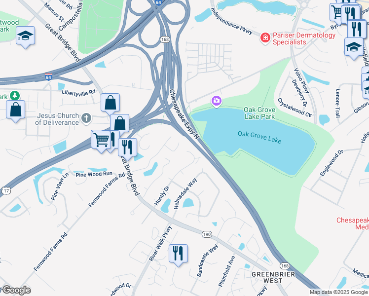 map of restaurants, bars, coffee shops, grocery stores, and more near 1037 Wickford Court in Chesapeake