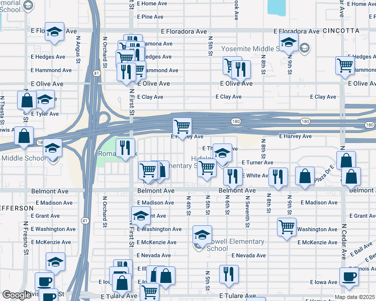 map of restaurants, bars, coffee shops, grocery stores, and more near 706 North Bond Street in Fresno