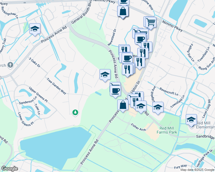 map of restaurants, bars, coffee shops, grocery stores, and more near 2201 Elson Green Avenue in Virginia Beach