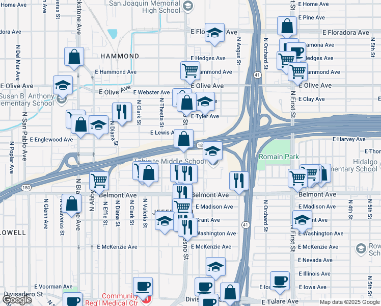 map of restaurants, bars, coffee shops, grocery stores, and more near 720 North Fresno Street in Fresno