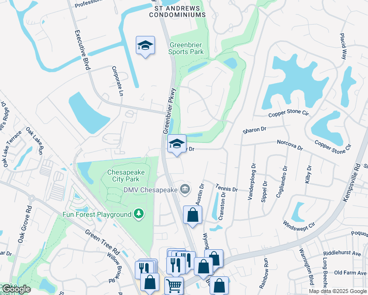 map of restaurants, bars, coffee shops, grocery stores, and more near 1009 Fairway Drive in Chesapeake