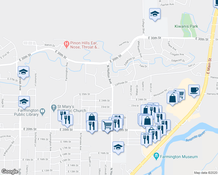 map of restaurants, bars, coffee shops, grocery stores, and more near 2629 Cliffside Drive in Farmington