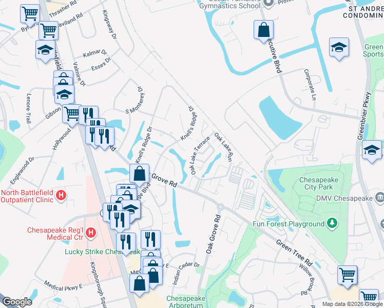 map of restaurants, bars, coffee shops, grocery stores, and more near 340 Oak Lake Terrace in Chesapeake