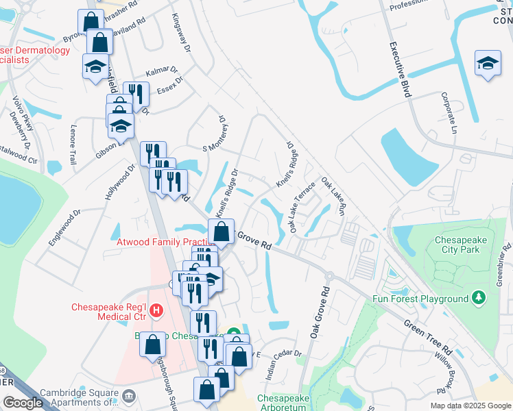 map of restaurants, bars, coffee shops, grocery stores, and more near 221 Knell's Ridge Drive in Chesapeake