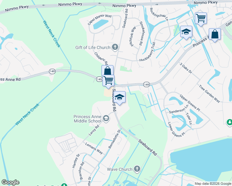 map of restaurants, bars, coffee shops, grocery stores, and more near 2416 Seaboard Road in Virginia Beach
