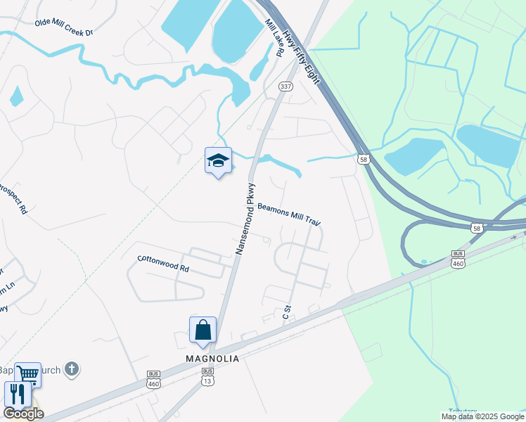 map of restaurants, bars, coffee shops, grocery stores, and more near 102 Beamons Mill Trail in Suffolk