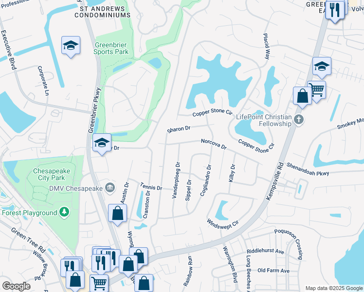 map of restaurants, bars, coffee shops, grocery stores, and more near 1073 Vanderploeg Drive in Chesapeake