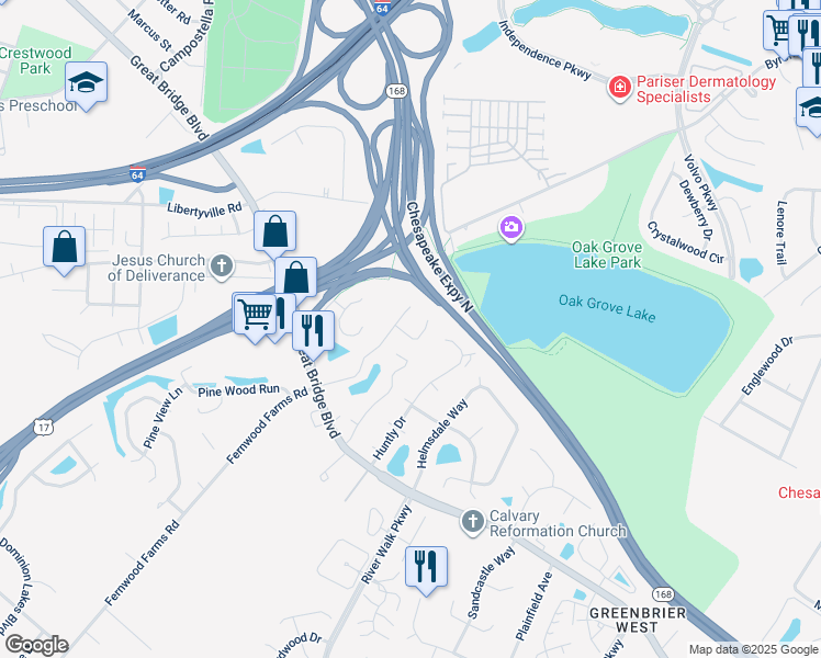 map of restaurants, bars, coffee shops, grocery stores, and more near 1012 Wickford Court in Chesapeake
