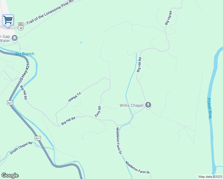 map of restaurants, bars, coffee shops, grocery stores, and more near Easy Drive in Pennington Gap
