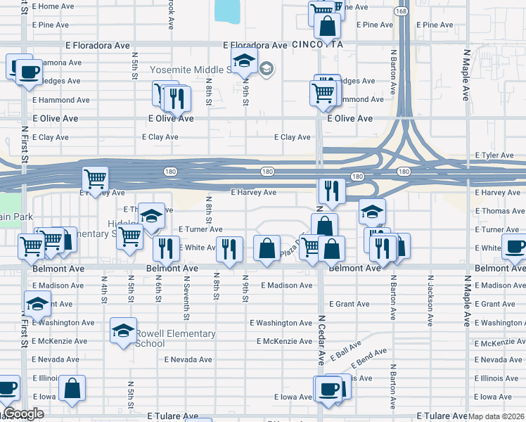 map of restaurants, bars, coffee shops, grocery stores, and more near 3916 East Thomas Avenue in Fresno
