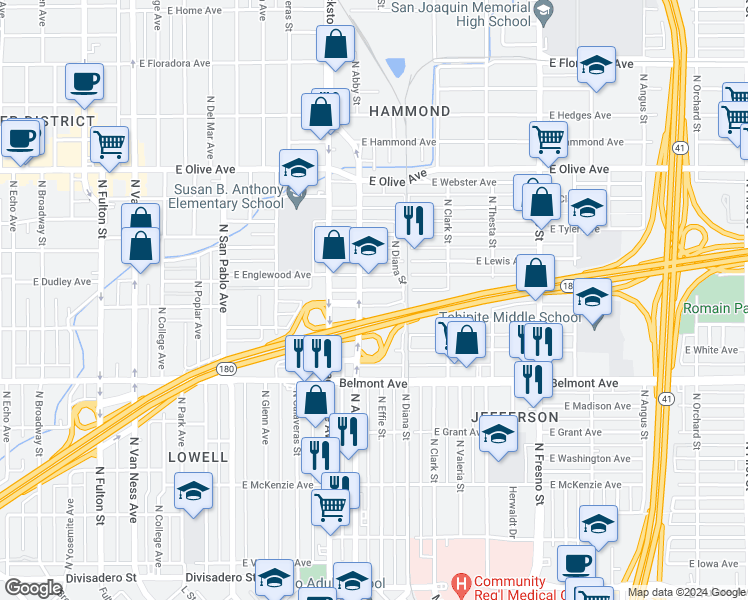 map of restaurants, bars, coffee shops, grocery stores, and more near 712 North Abby Street in Fresno