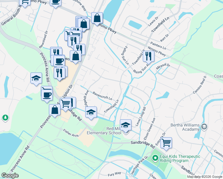 map of restaurants, bars, coffee shops, grocery stores, and more near 2504 Castle Hill Court in Virginia Beach