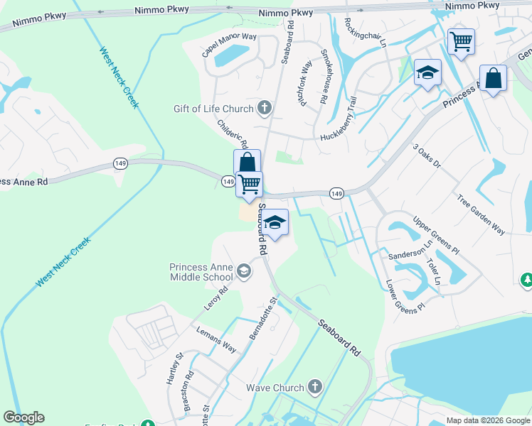 map of restaurants, bars, coffee shops, grocery stores, and more near 2416 Seaboard Road in Virginia Beach