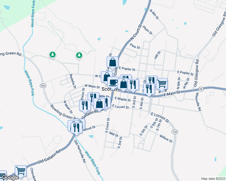 map of restaurants, bars, coffee shops, grocery stores, and more near in Scottsville