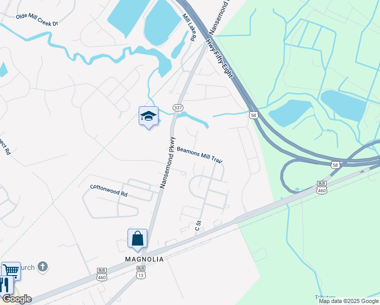 map of restaurants, bars, coffee shops, grocery stores, and more near 299 Beamons Mill Trail in Suffolk