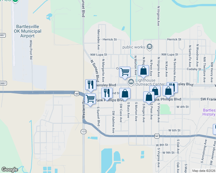 map of restaurants, bars, coffee shops, grocery stores, and more near 1719 West Hensley Boulevard in Bartlesville