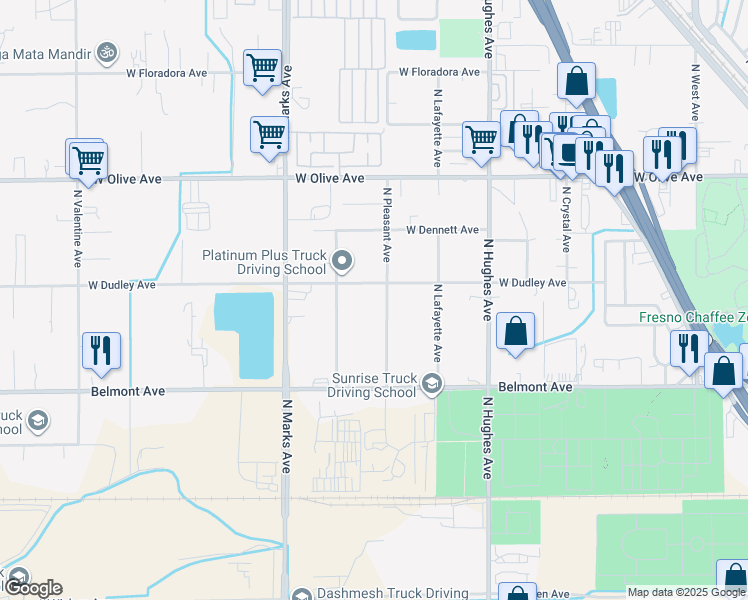 map of restaurants, bars, coffee shops, grocery stores, and more near 819 North Pleasant Avenue in Fresno