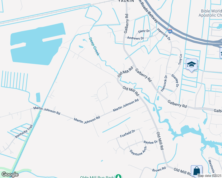 map of restaurants, bars, coffee shops, grocery stores, and more near 3649 Mill Bridge Way in Chesapeake