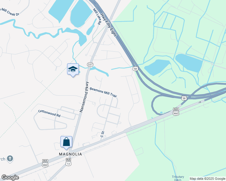 map of restaurants, bars, coffee shops, grocery stores, and more near 416 Beamons Mill Trail in Suffolk