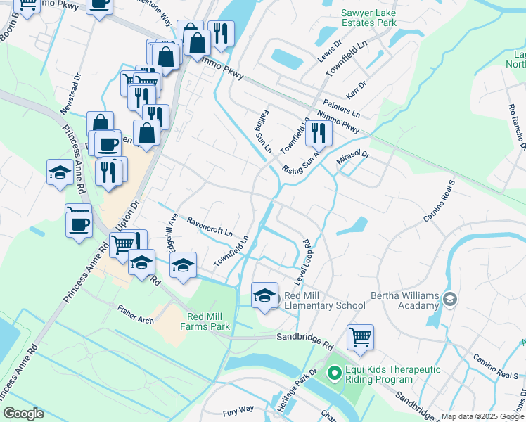 map of restaurants, bars, coffee shops, grocery stores, and more near 2512 Townfield Lane in Virginia Beach