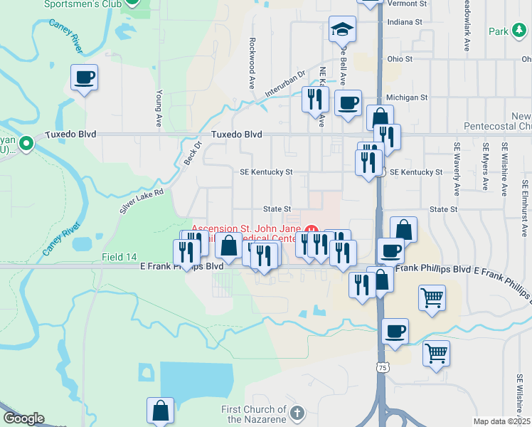 map of restaurants, bars, coffee shops, grocery stores, and more near 304 Southeast Rockwood Avenue in Bartlesville